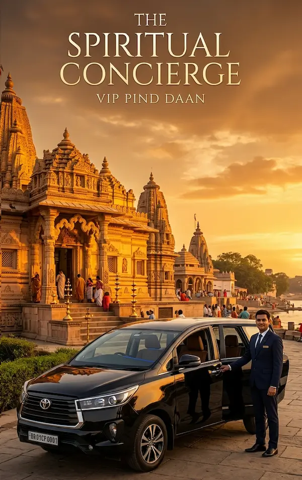 Obsidian Black Toyota Innova Crysta parked securely near Vishnupad Temple at Golden Hour